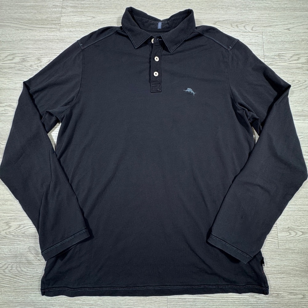 Tommy Bahama Mens Polo Shirt IslandZone Black Medium Long Sleeve‎ Marlin Logo